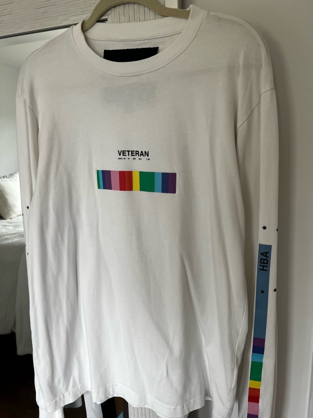 HOOD BY AIR ®️ White Long-Sleeve Veteran Graphic Shirt with Rainbow Stripe